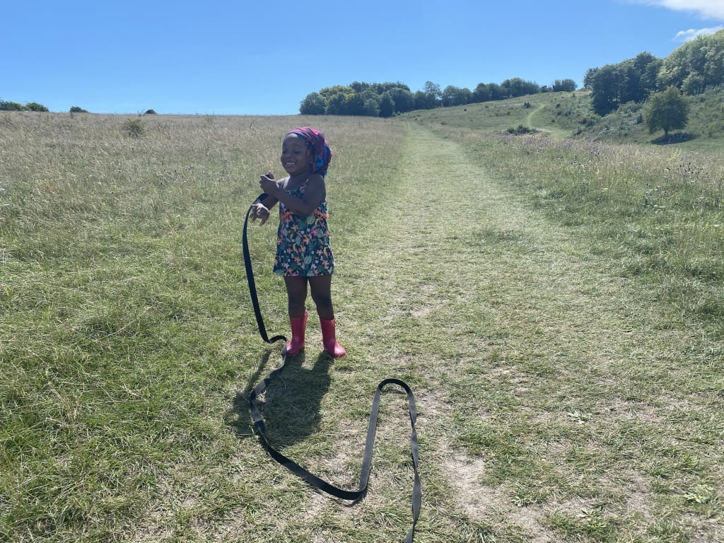 Rainbow smiling on a Heath holding dog lead