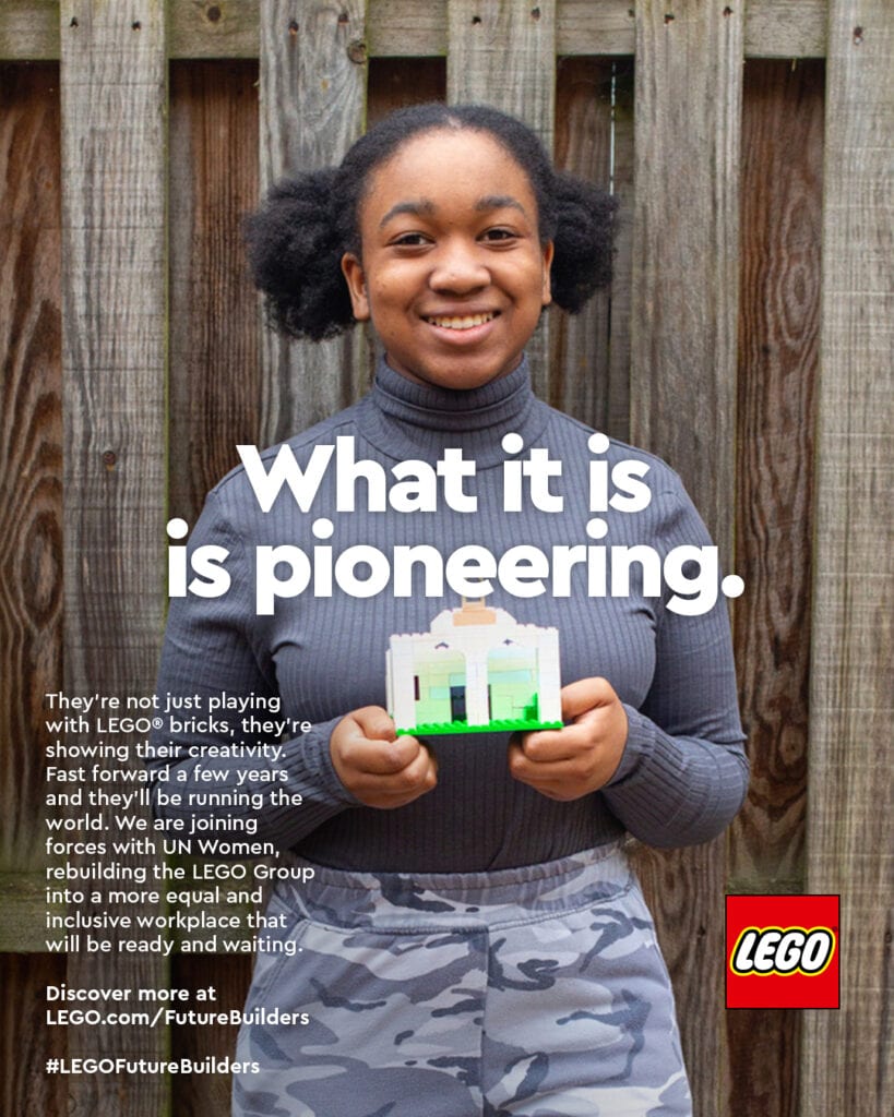LEGO Future Builders What is it is pioneering poster Black teenaged girl holding LEGO #LEGOFutureBuilders campaign